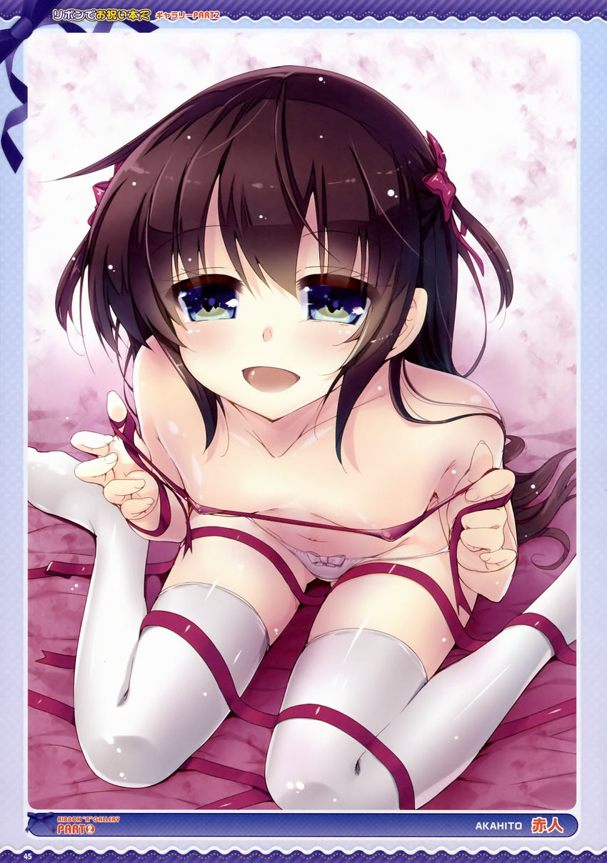 :d absurdres akahito blue_eyes bow bow_panties breasts brown_hair covering_nipples highres open_mouth panties ribbon sitting small_breasts smile solo thighhighs underwear wariza white_legwear white_panties