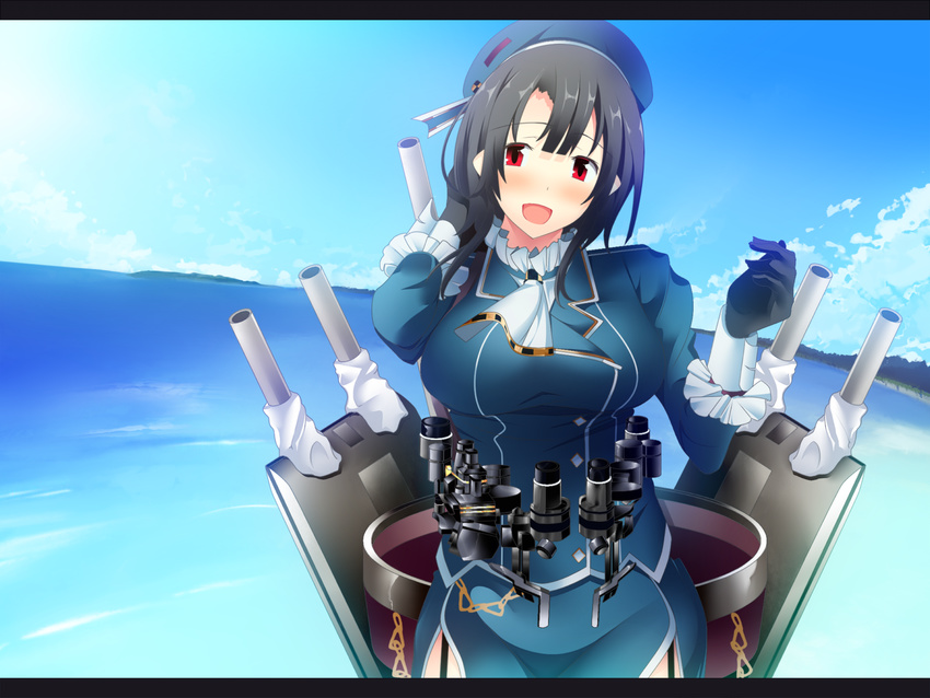 black_gloves black_hair blue_sky blush breasts cannon cloud day garter_straps gloves hat highres island jacket kantai_collection large_breasts military_jacket ocean open_mouth red_eyes shinoji_(shin_status) short_hair skirt sky solo takao_(kantai_collection) turret water