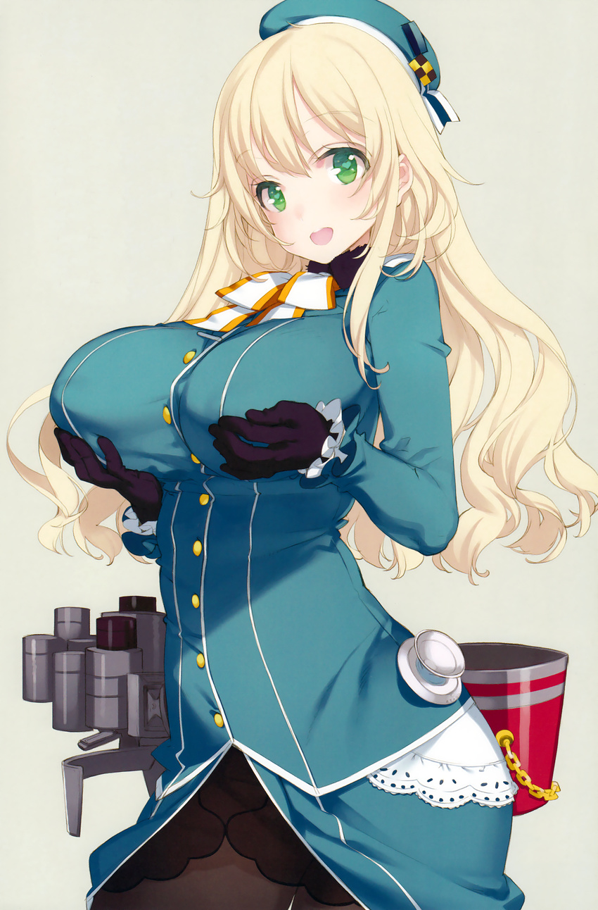 :d absurdres atago_(kantai_collection) beret black_gloves black_legwear blonde_hair breast_lift breasts gloves green_eyes hat heart heart-shaped_pupils highres huge_breasts kantai_collection long_hair looking_at_viewer ooyari_ashito open_mouth pantyhose scan simple_background smile solo symbol-shaped_pupils