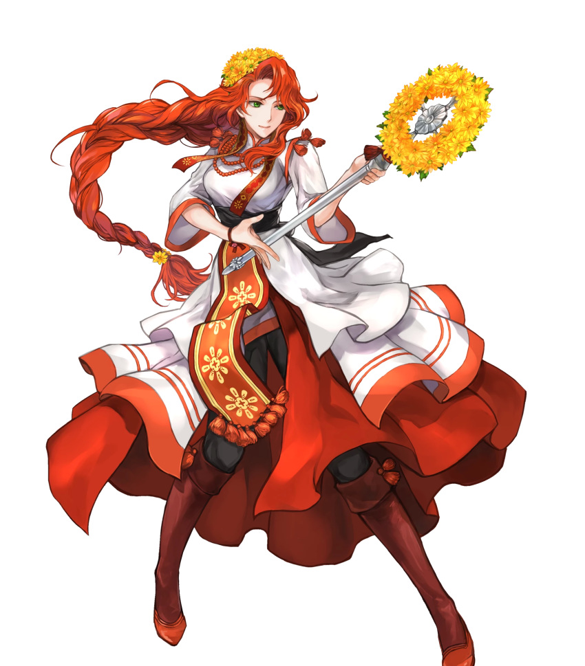 1girl bangs black_pants braid breasts closed_mouth dress fire_emblem fire_emblem:_souen_no_kiseki fire_emblem_heroes flower full_body green_eyes head_wreath highres holding jewelry long_sleeves medium_breasts necklace nintendo official_art open_mouth pants pelvic_curtain petals red_footwear red_hair shiny shiny_hair single_braid smile solo staff standing tiamat_(fire_emblem) transparent_background wada_sachiko wide_sleeves