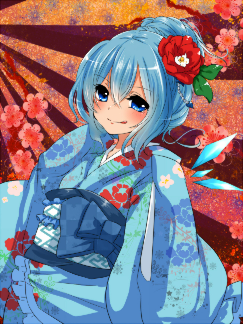 :q alternate_hairstyle blue_eyes blue_hair camellia cirno flower hair_flower hair_ornament highres japanese_clothes kimono negiko solo tongue tongue_out touhou