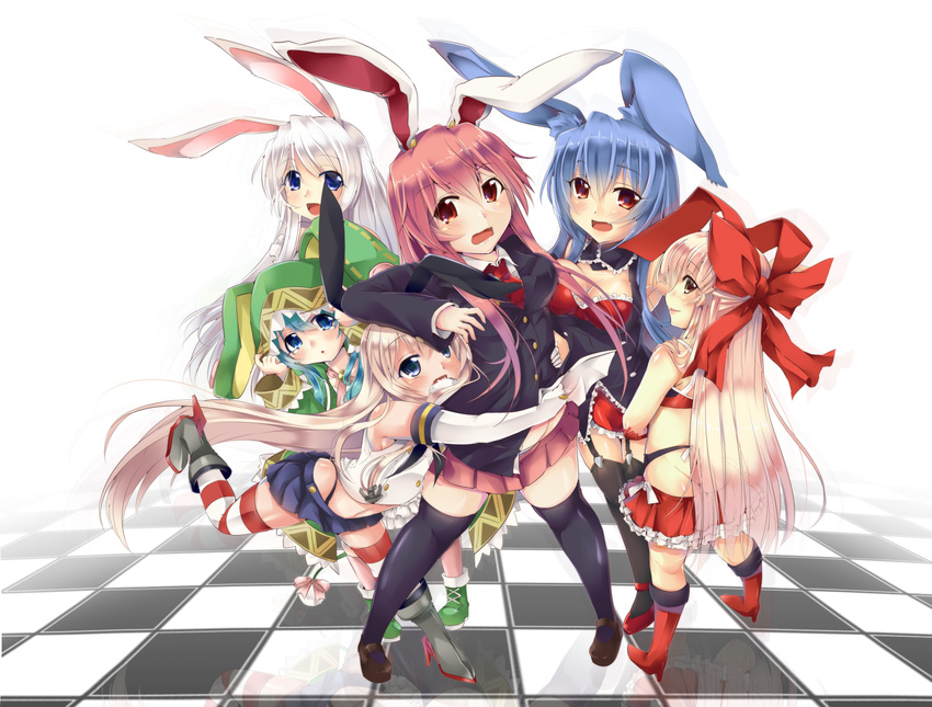 animal_ears black_legwear blazer blonde_hair blue_eyes blue_hair blush bunny_ears bunny_tail checkered checkered_floor crossover date_a_live elbow_gloves elin_(tera) executional_(manga) gloves highres hood hoodie hug jacket jewelry kantai_collection kurousagi_(mondaiji) lavender_hair long_hair looking_at_viewer majsha mondaiji-tachi_ga_isekai_kara_kuru_sou_desu_yo? multiple_girls necklace open_mouth red_eyes reflection reisen_udongein_inaba sesield shimakaze_(kantai_collection) silver_hair skirt smile standing striped striped_legwear tail tera_online thighhighs touhou very_long_hair white_gloves yoshino_(date_a_live)