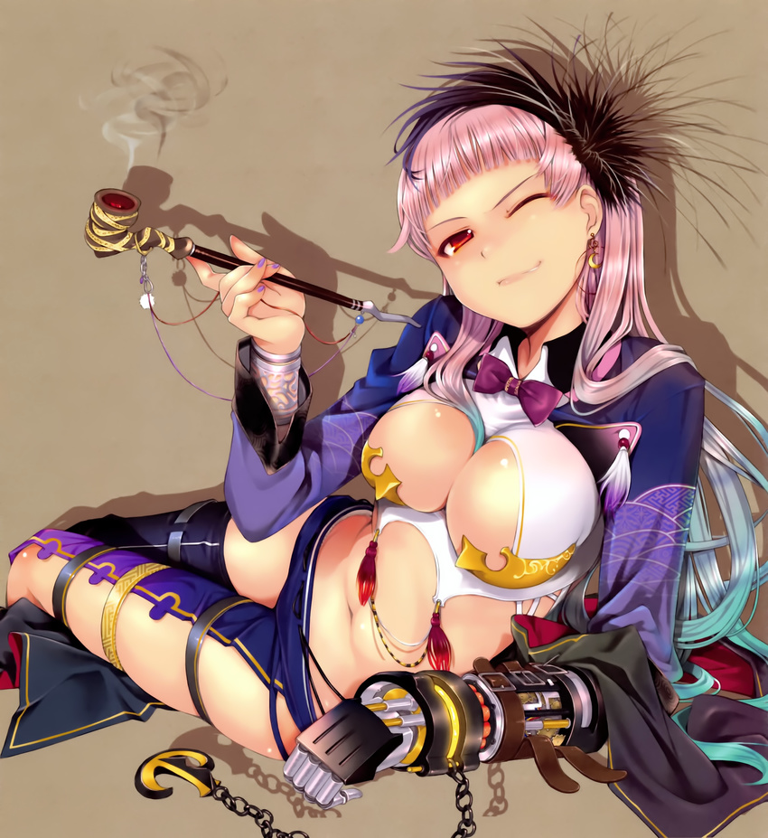 asymmetrical_clothes bangs blue_hair blunt_bangs bow bowtie bracelet breasts cleavage copyright_request earrings hair_ornament highres jewelry kiseru large_breasts lips long_hair lying mikazuki_akira! multicolored_hair nail_polish navel on_side one_eye_closed pink_hair pipe prosthesis prosthetic_arm red_eyes scan simple_background smirk solo thigh_strap