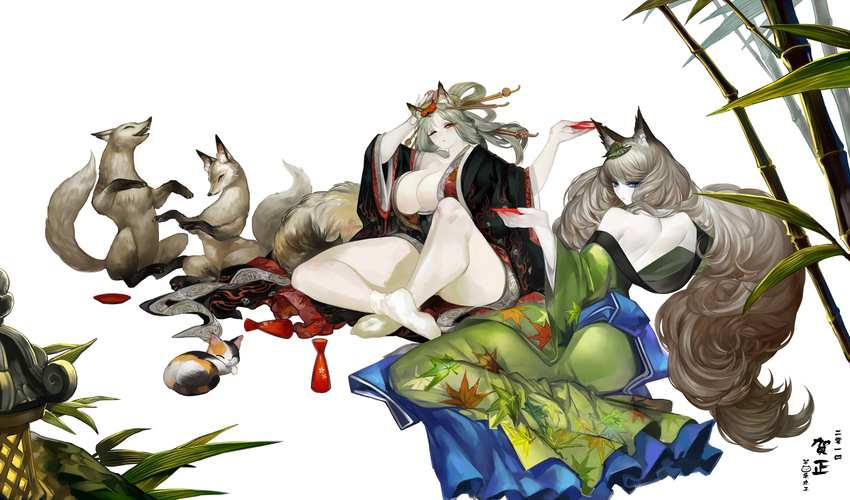 absurdres animal_ears bad_id bad_pixiv_id bottle breasts cat fantchi fox fox_ears fox_tail highres kongiku large_breasts long_hair multiple_girls oboro_muramasa sake_bottle simple_background tail white_background yuzuruha