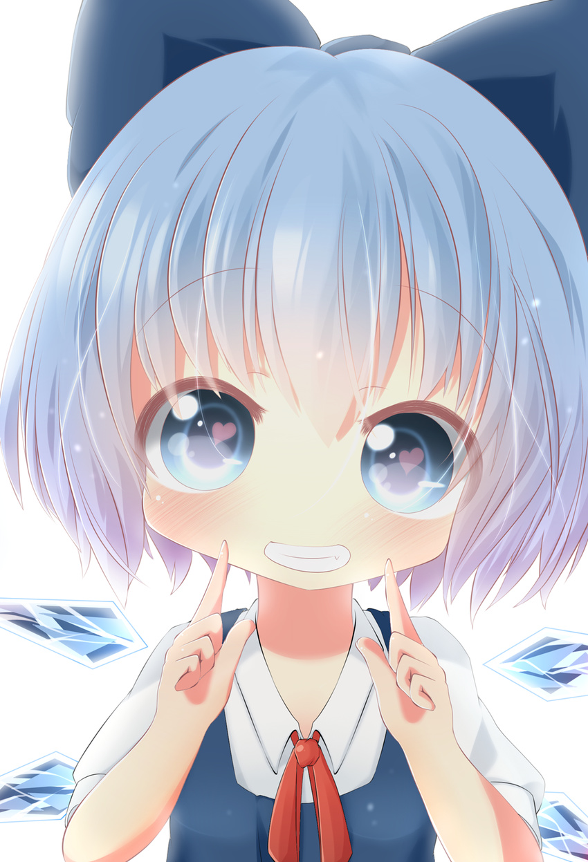 akisha bad_id bad_pixiv_id blue_eyes blue_hair blush bow cirno hair_bow heart heart-shaped_pupils highres ice looking_at_viewer open_mouth short_hair smile solo symbol-shaped_pupils touhou white_background wings