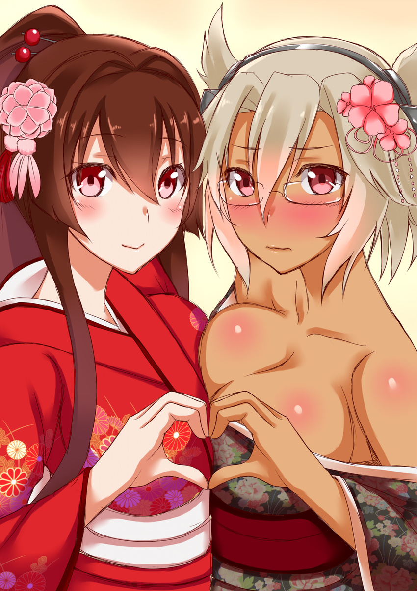 blush body_blush breast_press breasts brown_hair glasses hair_ornament headgear heart heart_hands heart_hands_duo highres japanese_clothes kantai_collection kimono large_breasts long_hair mizuse_kouichi multiple_girls musashi_(kantai_collection) obi off_shoulder pointy_hair ponytail red_eyes sash smile symmetrical_docking twintails wavy_mouth white_hair yamato_(kantai_collection)