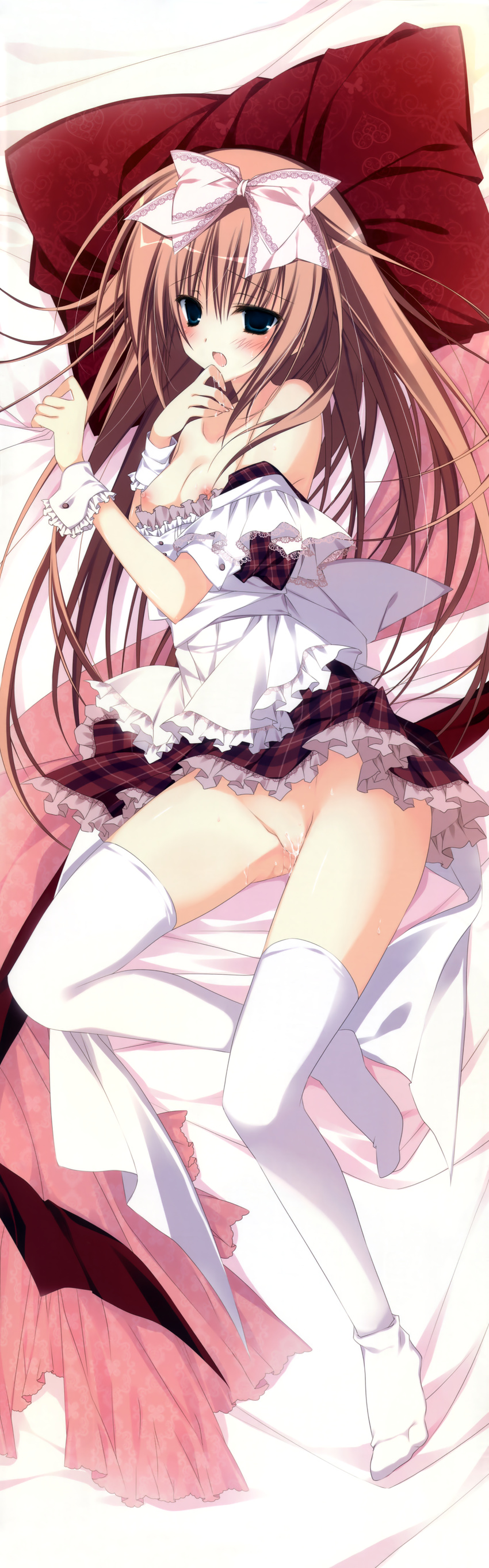 1girl absurdres blue_eyes blush bow breasts copyright_request dakimakura dress dress_pull drooling fixed hair_bow highres huge_filesize inugami_kira legs long_image nipples no_panties pillow pink_hair pussy_juice skirt skirt_lift solo tall_image thighhighs white_legwear wrist_cuffs