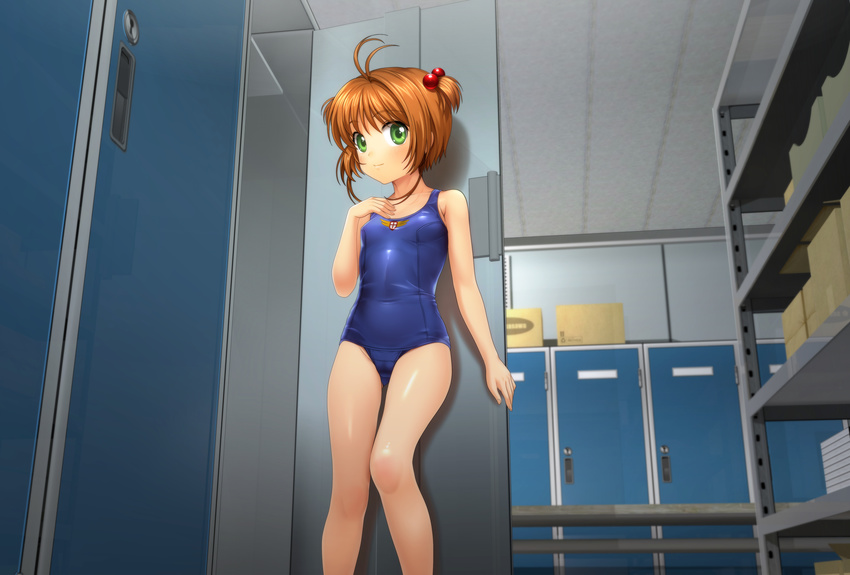 absurdres antenna_hair breasts brown_hair cardcaptor_sakura covered_navel green_eyes hair_bobbles hair_ornament hand_on_own_chest highres kinomoto_sakura locker locker_room looking_at_viewer mutsuki_(moonknives) old_school_swimsuit one-piece_swimsuit petite school_swimsuit shiny shiny_clothes short_hair short_twintails small_breasts smile solo swimsuit twintails