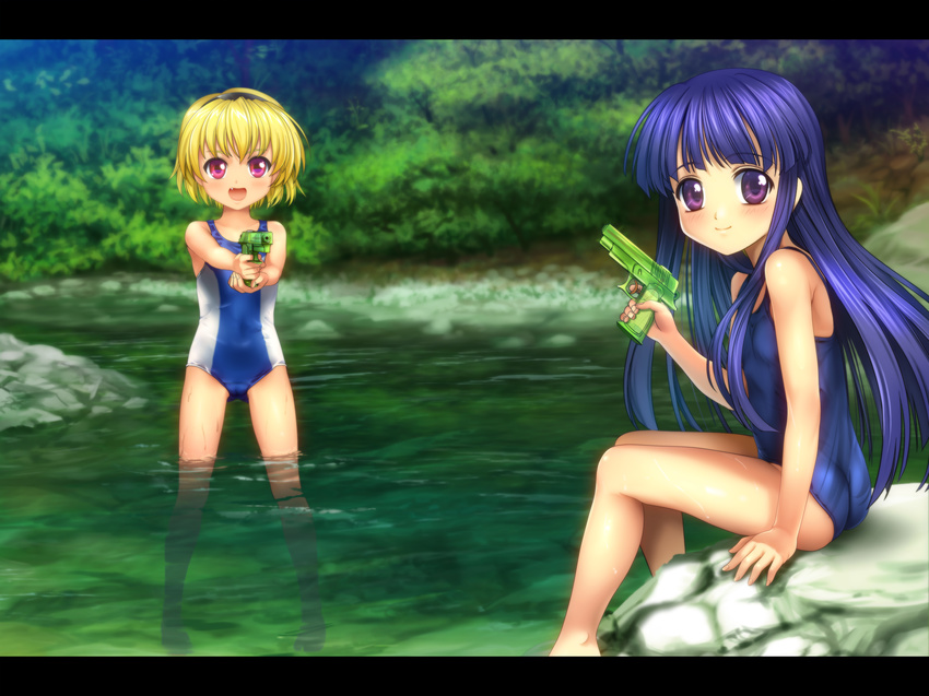 blue_hair duplicate furude_rika gun higurashi_no_naku_koro_ni houjou_satoko moonknives possible_duplicate purple_eyes swimsuit water weapon wet