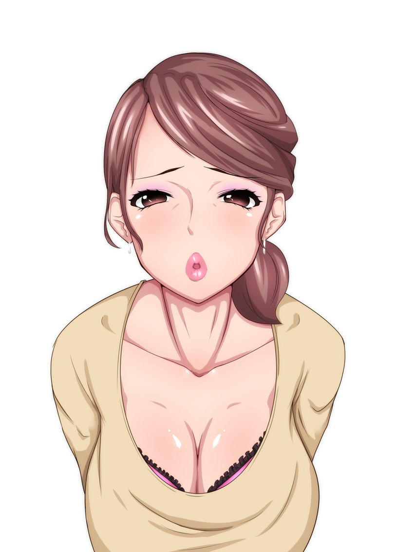 1girl blush bra breasts brown_eyes brown_hair cleavage clothed earrings female highres jewelry large_breasts lips milf naito_(artist) naito_(sirokuro1214) original pink_bra ponytail simple_background solo underwear white_background