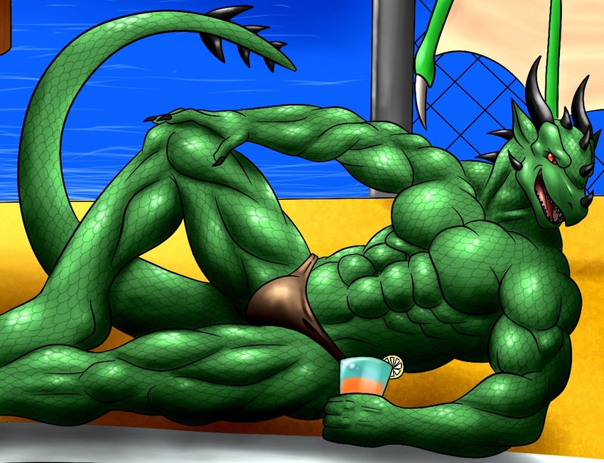 abs anthro beach biceps big_muscles bulge claws dragon drink fangs glass green_dragon green_scales grin horn ice_tea lying male muscles on_back on_side open_mouth pecs pool pose raised_leg red_eyes reptile sand scales scalie seaside smile solo speedo swimsuit symbolhero teeth toned tongue topless varanis_blackclaw water