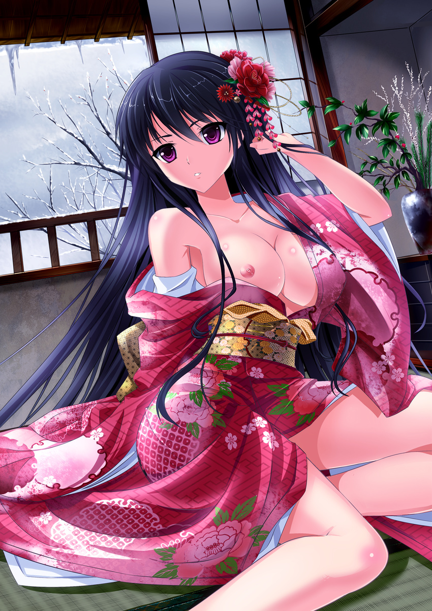 bangs black_hair breasts bug_(artist) collarbone covered_nipples hair_between_eyes highres japanese_clothes kimono large_breasts long_hair nipples no_bra open_clothes open_shirt original purple_eyes shirt solo