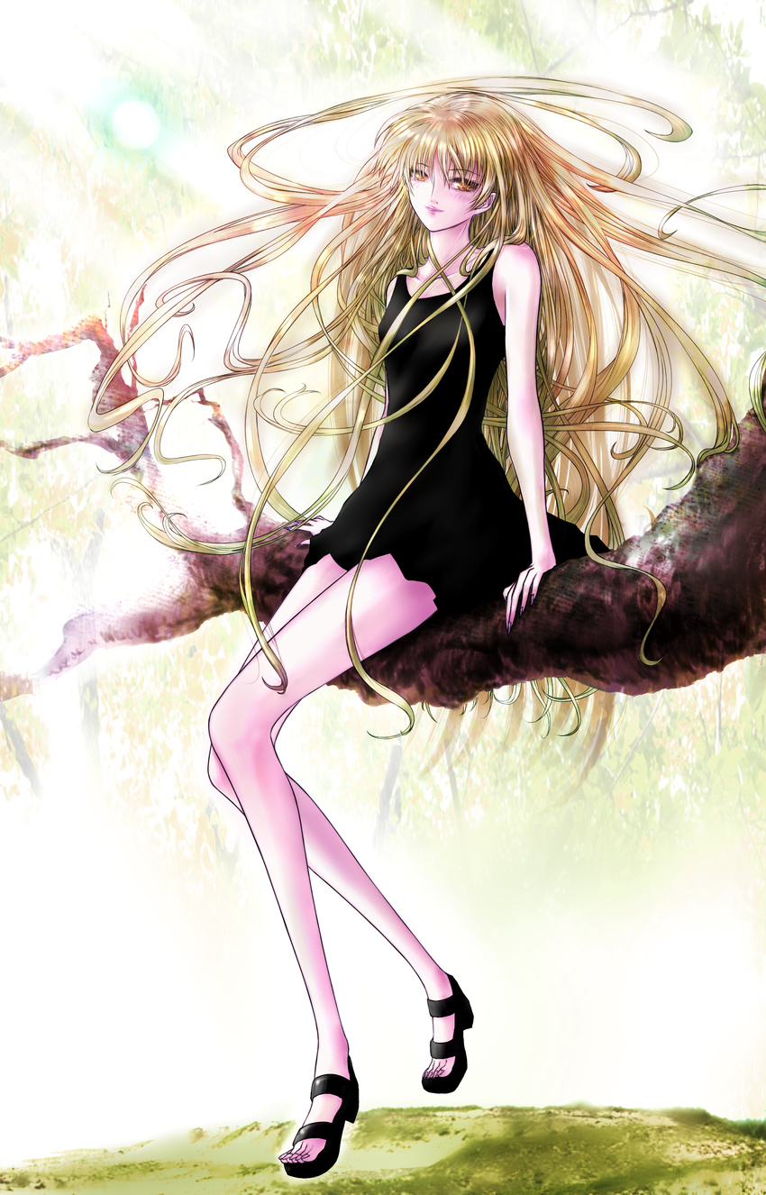 absurdres amatsuka_megumi auge_(akd) blonde_hair branch dress highres lips long_hair md5_mismatch sitting solo tenshi_na_konamaiki very_long_hair