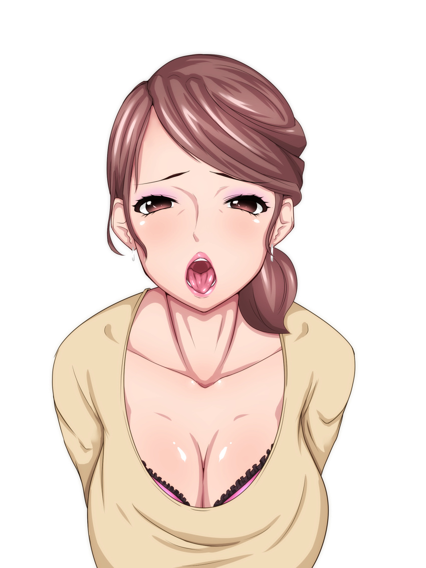 1girl blush bra breasts brown_eyes brown_hair cleavage clothed earrings female highres jewelry large_breasts lips milf naito_(artist) naito_(sirokuro1214) open_mouth original pink_bra ponytail simple_background solo teeth tongue tongue_out underwear white_background