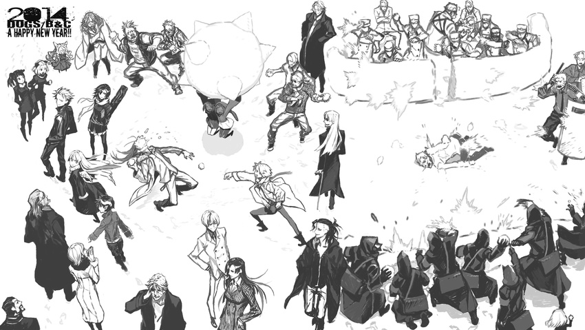 dogs:_bullets_&amp;_carnage fuyumine_naoto giovanni_(dogs) greyscale haine_rammsteiner highres kiri_(character) luki magato mihai_mihaeroff mimi_(dogs) miwa_shirou monochrome multiple_boys multiple_girls nill noki snow snowball snowball_fight