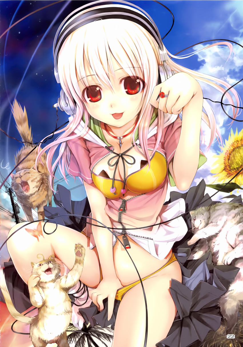 absurdres animal animal_ears blush bra breasts cable cat_ears cleavage hand_in_panties headphones highres jewelry long_hair looking_at_viewer medium_breasts mikazuki_akira! nitroplus open_clothes open_mouth panties paw_pose pink_hair red_eyes ring super_sonico underwear yellow_panties