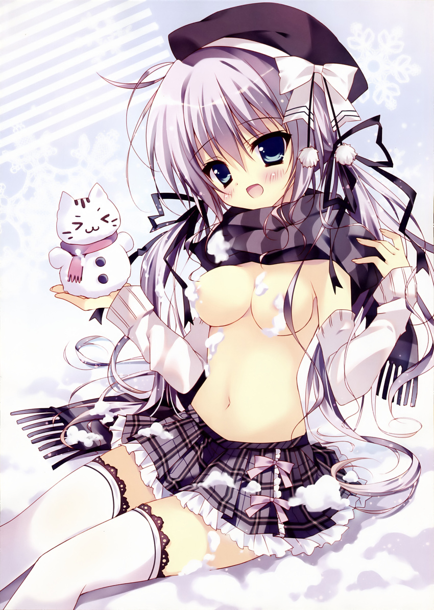 &gt;_&lt; :3 absurdres blue_eyes breasts censored closed_eyes convenient_censoring detached_sleeves hat herurun highres lavender_hair medium_breasts no_bra plaid plaid_skirt scarf sitting skirt snow snowman solo thighhighs topless twintails white_legwear x3 zettai_ryouiki