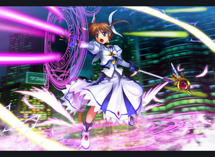 brown_hair dress duplicate feathers gloves magic mahou_shoujo_lyrical_nanoha moonknives possible_duplicate purple_eyes short_hair socks staff takamachi_nanoha twintails weapon