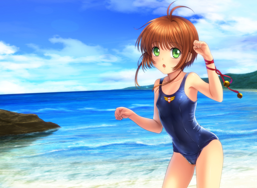 beach brown_hair cameltoe card_captor_sakura green_eyes kinomoto_sakura moonknives possible_duplicate school_swimsuit swimsuit