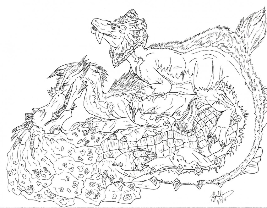 dinosaur double_penetration dragon female feral feral_on_feral fur great_baggi great_jaggi group group_sex horn line_art male maw_kissing monster_hunter penetration penis royal_ludroth ryshili scalie sex straight threesome tongue video_games wings wyvern