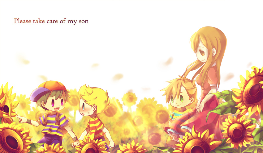 3boys backpack bad_id bad_pixiv_id bag baseball_cap black_hair blonde_hair brown_hair buckle claus dress english field flower flower_field haren hat hinawa holding_hands jewelry juliet_sleeves light long_hair long_sleeves lucas mother_(game) mother_2 mother_3 multiple_boys ness open_mouth orange_hair pointing puffy_sleeves quiff ring shirt smile spoilers striped striped_shirt sunflower transparent v_arms wristband