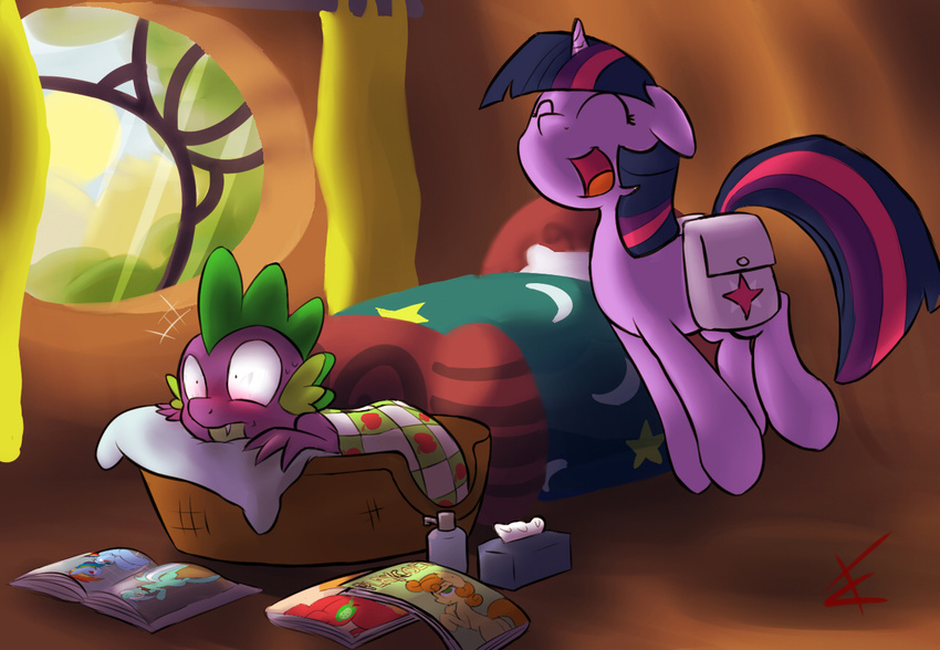 big_macintosh_(mlp) blanket blush carrot_top_(mlp) caught cradeelcin curtains dragon equine fangs female feral friendship_is_magic happy horn implied inside jumping lotion lyra_(mlp) lyra_heartstrings_(mlp) magazine male mammal my_little_pony open_mouth pillow pornography purple_body rainbow_dash_(mlp) saddle_bag spike_(mlp) spines surprise sweat tissue twilight_sparkle_(mlp) unicorn window young