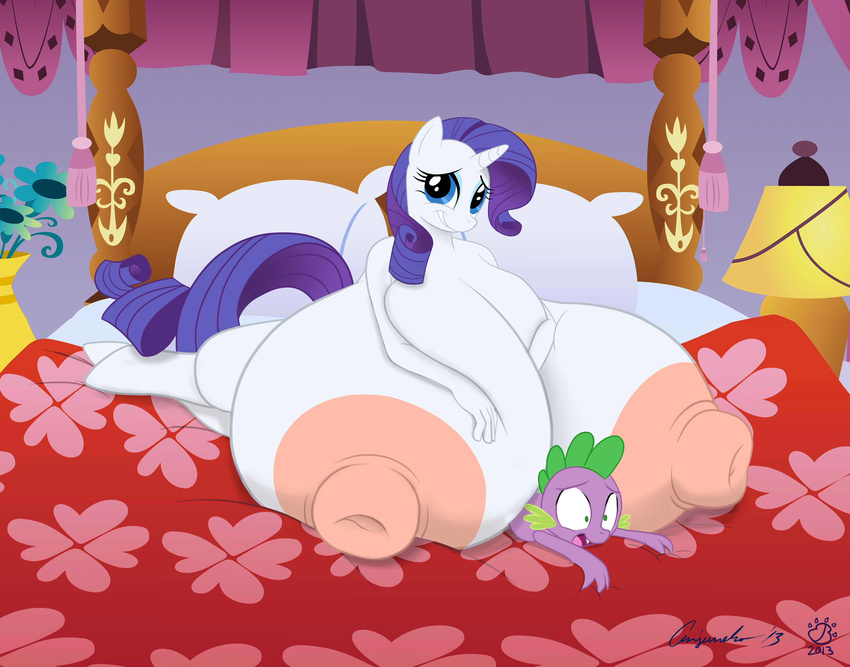 2014 absurd_res anjuneko anthro anthrofied bed big_breasts blue_eyes breasts dragon duo equine female friendship_is_magic fur hair hi_res horn horse huge_breasts hyper hyper_breasts inside lying male mammal my_little_pony nipples on_front pillow pony purple_hair rarity_(mlp) signature smile spike_(mlp) straight unicorn white_fur