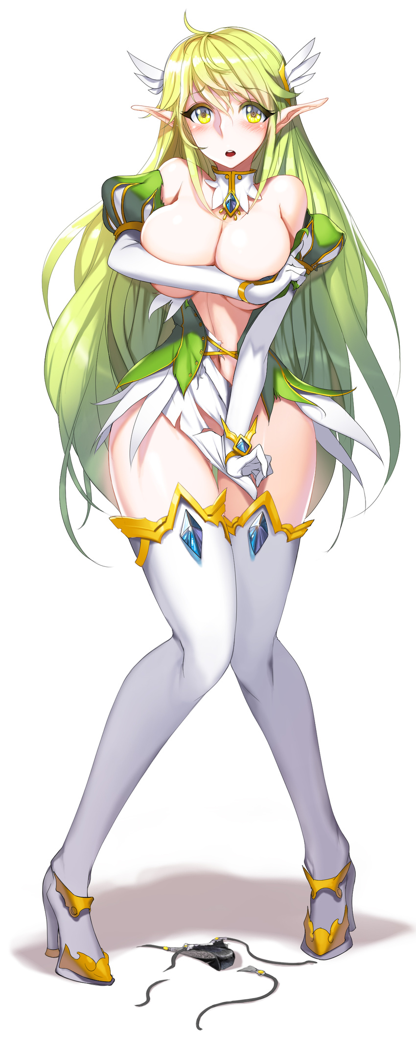 :o absurdres bare_shoulders black_panties blush boots breasts covering covering_breasts curvy detached_collar elbow_gloves elf elsword full_body gloves grand_archer_(elsword) green_eyes green_hair high_heels highres knees_together_feet_apart knees_touching large_breasts legs long_hair long_legs looking_at_viewer navel panties panties_removed pointy_ears puffy_sleeves rena_(elsword) side-tie_panties simple_background snowball22 solo standing thigh_boots thigh_gap thighhighs thighs torn_clothes underwear very_long_hair white_background white_gloves white_legwear wide_hips