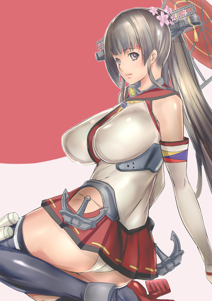 anchor antennae ass bad_id bad_pixiv_id black_legwear breasts brown_eyes brown_hair detached_sleeves dodai_shouji flower hair_flower hair_ornament headgear highres hip_vent huge_breasts kantai_collection long_hair long_sleeves looking_at_viewer pleated_skirt ponytail red_background red_skirt shirt simple_background skirt sleeveless sleeveless_shirt solo tassel thighhighs thighs two-tone_background very_long_hair white_background white_shirt yamato_(kantai_collection)