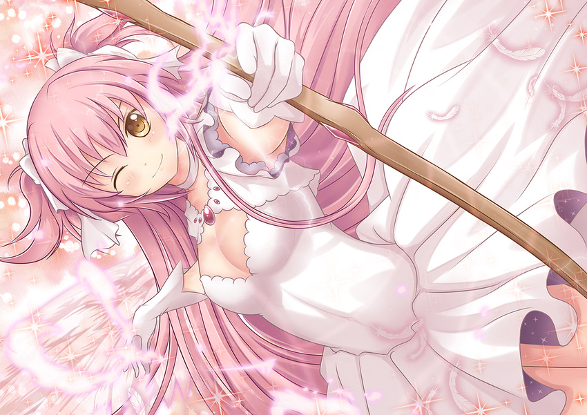 bow bow_(weapon) breasts cleavage dress euforia feathers gloves hair_bow hair_ribbon kaname_madoka long_hair magical_girl mahou_shoujo_madoka_magica medium_breasts one_eye_closed outstretched_arm pink_hair ribbon smile solo spoilers two_side_up ultimate_madoka weapon wings yellow_eyes