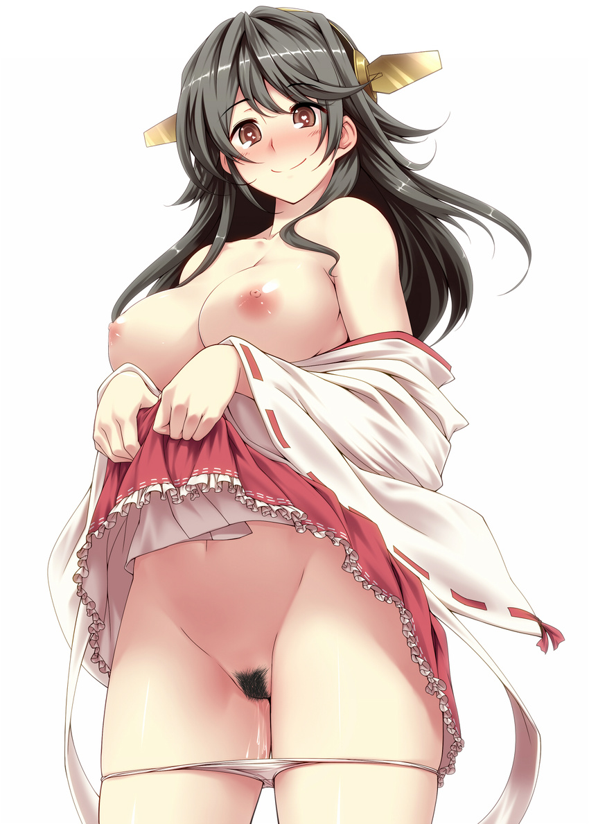 bare_shoulders blush breasts brown_eyes brown_hair frilled_skirt frills haruna_(kantai_collection) heart heart-shaped_pupils highres japanese_clothes kantai_collection large_breasts long_hair miniskirt navel nipples panties panty_pull pubic_hair pussy pussy_juice ribbon-trimmed_sleeves ribbon_trim skirt skirt_lift smile solo symbol-shaped_pupils tro underwear
