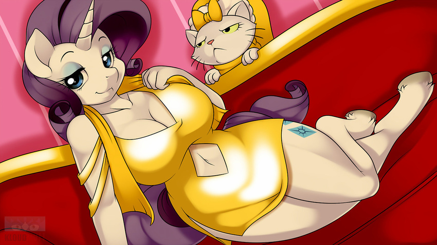 anthro anthrofied big_breasts blue_eyes bow breasts cat cleavage clothed clothing cutie_mark dress duo equine feline female friendship_is_magic fur hair hi_res horn horse kloudmutt looking_at_viewer mammal my_little_pony navel opalescence_(mlp) pony purple_hair rarity_(mlp) scarf sofa unicorn white_fur yellow_eyes
