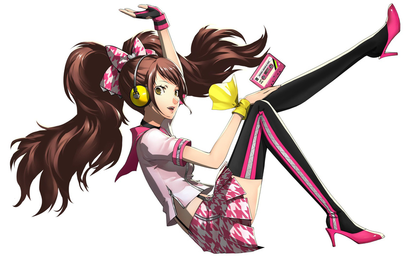 brown_eyes brown_hair cassette_tape gloves headphones high_heels highres kujikawa_rise looking_at_viewer official_art persona persona_4 persona_4:_dancing_all_night persona_dancing simple_background single_glove skirt soejima_shigenori solo thighhighs twintails white_background