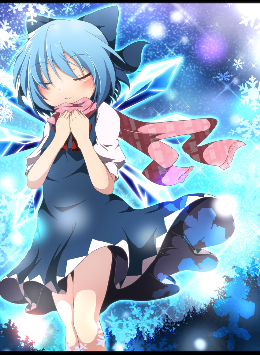 blue_dress blue_hair blush bow cirno closed_eyes do_(4-rt) dress embellished_costume hair_bow hands_on_own_chest highres ice ice_wings letterboxed puffy_sleeves scarf shirt short_sleeves smile solo touhou wings