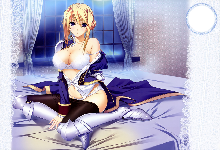 armor bed blonde_hair blue_eyes blush bra komori_kei panties princess_lover! sylvia_van_hossen underwear