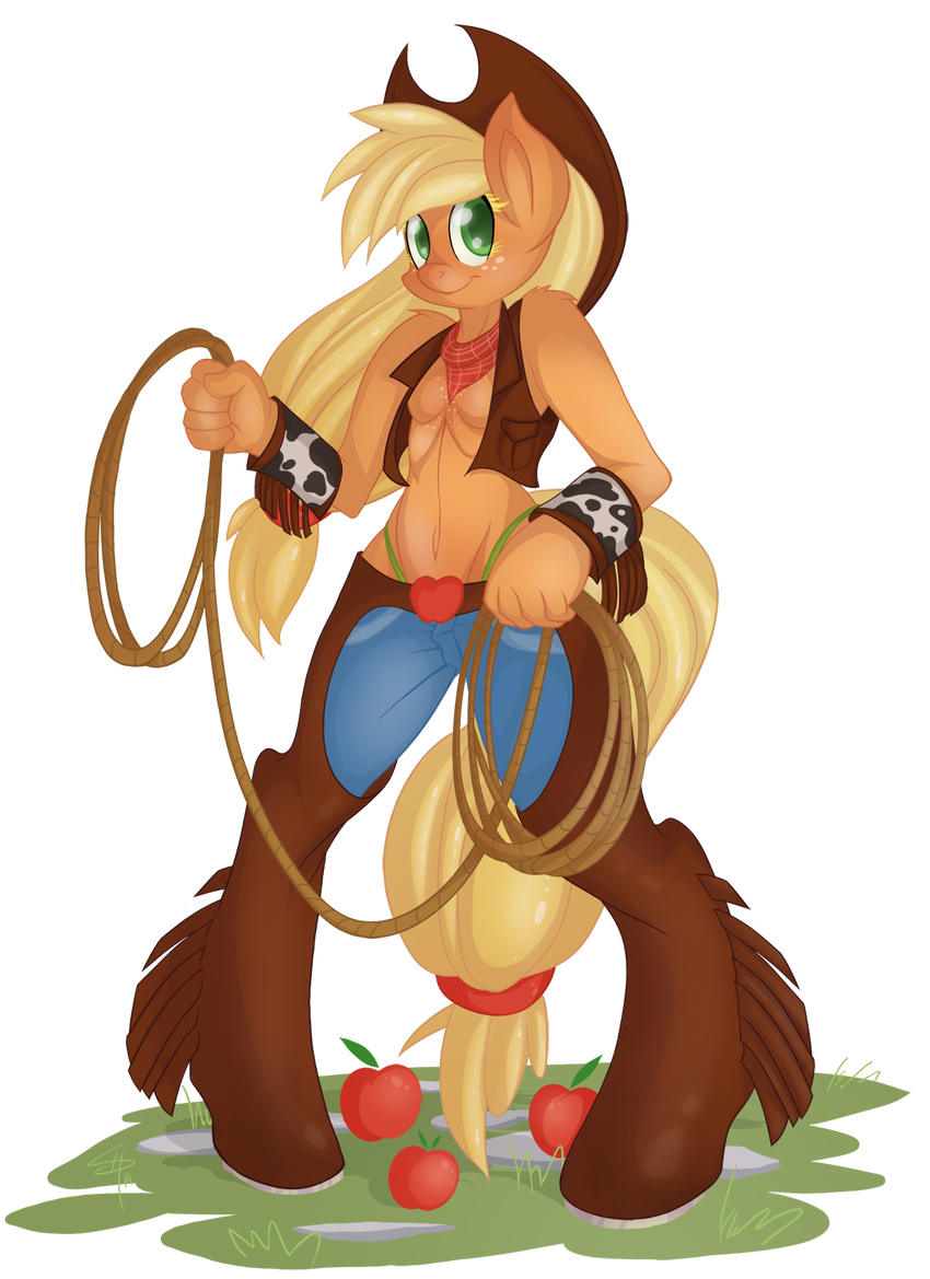 alpha_channel anthro anthrofied apple applejack_(mlp) blonde_hair bracelet breasts chaps cleavage clothed clothing cowboy_hat equine falleninthedark female freckles friendship_is_magic fruit grass green_eyes hair hat horse jeans jewelry lasso long_hair mammal my_little_pony panties plain_background pony rope scarf smile solo standing thong transparent_background underwear vest