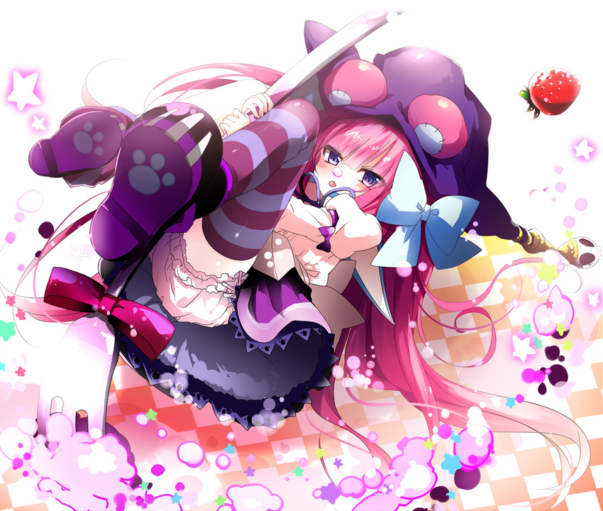 bloomers bow checkered checkered_background dumpty_alma emia_(castilla) emil_chronicle_online food fork fruit hair_bow hat highres long_hair looking_at_viewer pink_hair purple_eyes puzzle_&amp;_dragons skirt solo strawberry striped striped_legwear thighhighs underwear very_long_hair