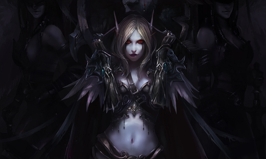 1girl belt breasts chenbo cleavage coat elf feathers long_hair looking_at_viewer navel pointy_ears red_eyes silver_hair smile solo sylvanas_windrunner warcraft world_of_warcraft