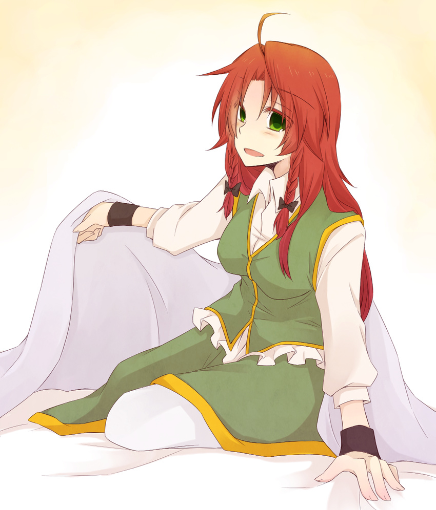 bed_invitation blanket braid chinese_clothes come_hither commentary_request green_eyes highres hong_meiling lifting_covers long_hair looking_at_viewer open_mouth pants pants_under_skirt red_hair shirt sitting skirt skirt_set smile solo touhou twin_braids very_long_hair vest yuuta_(monochrome)
