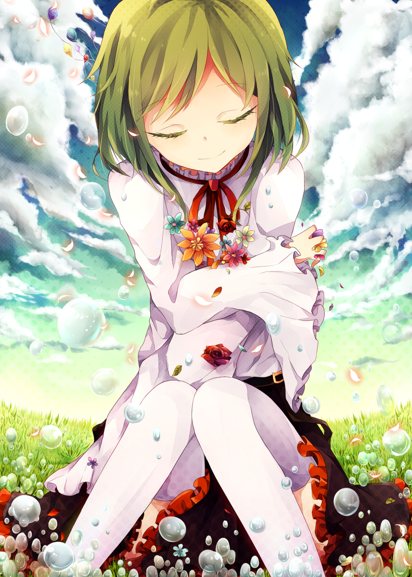 bad_id bad_pixiv_id closed_eyes cloud flower green_hair highres kagerou_project kido_tsubomi nyowaa417 sky solo thighhighs younger