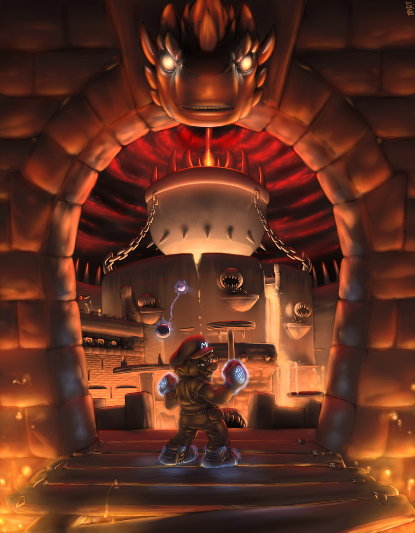 bowser bullet_bill castle chain chain_chomp cloud clouds detailed facial_hair fire floating fortress human koopa laser lava looking_at_viewer looking_back mammal mario mario_bros mot mushroom mustache nintendo pow scalie skybeam spikes teeth video_games warm_colors