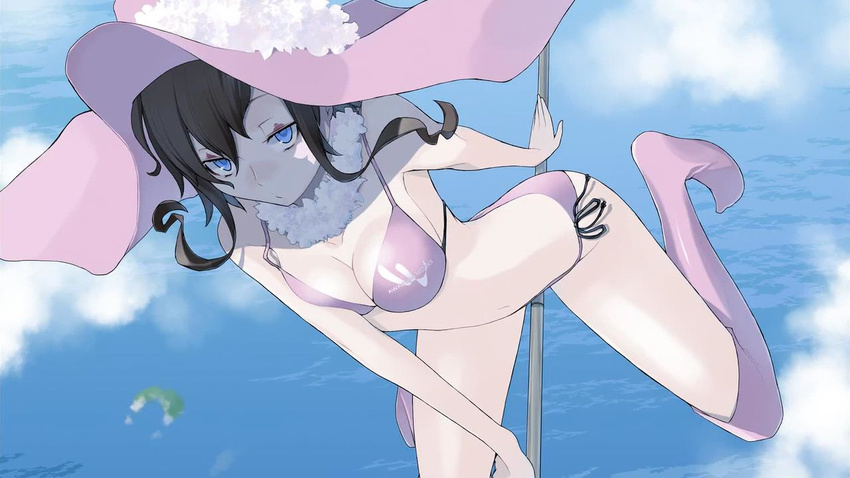 bikini black_hair blue_eyes boots breast_press breasts broom facial_tattoo flying hat knee_boots long_hair ocean pink_hat side-tie_bikini solo swimsuit tattoo thigh_boots thighhighs v_lila_f water witch witch_hat yasuda_suzuhito yozakura_quartet