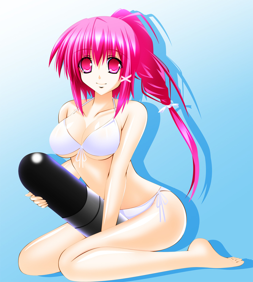 alternate_costume barefoot between_legs bikini blue_background breasts cleavage engo_(aquawatery) error front-tie_top gradient gradient_background highres i-168_(kantai_collection) kantai_collection large_breasts long_hair looking_at_viewer pink_eyes pink_hair ponytail side-tie_bikini simple_background sitting smile solo swimsuit toes torpedo underboob wariza white_bikini wrong_feet