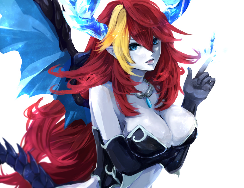 blue_eyes blue_skin breast_hold breasts cleavage demon_girl demon_wings elbow_gloves gloves hera-is_(p&amp;d) hera_(p&amp;d) highlights highres horns jewelry kuroame large_breasts long_hair multicolored_hair necklace pointy_ears puzzle_&amp;_dragons red_hair solo tail wings