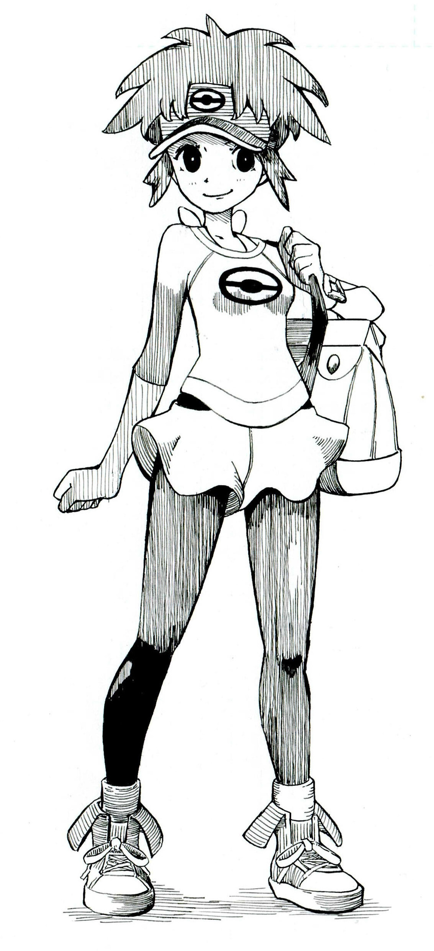 absurdres bag breasts cosplay emaason_(daren) genderswap genderswap_(mtf) highres kyouhei_(pokemon) mei_(pokemon) mei_(pokemon)_(cosplay) monochrome pantyhose pokemon pokemon_(game) pokemon_bw2 raglan_sleeves satchel shoes short_hair shorts small_breasts smile sneakers socks_over_pantyhose solo visor_cap