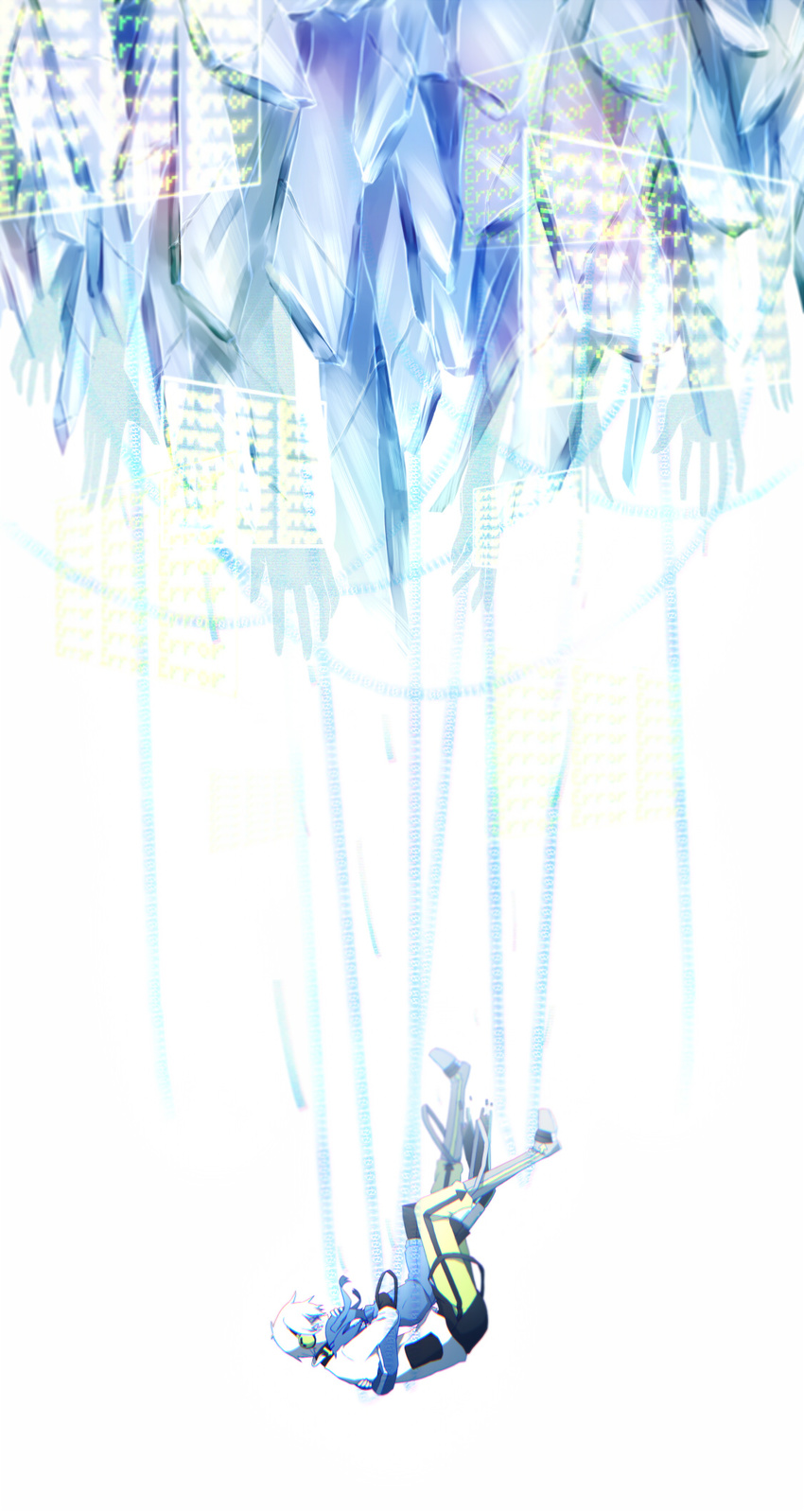 1girl bad_id bad_pixiv_id bangs black_footwear black_legwear black_skirt blue_hair blue_jacket boots couple covered_face covered_mouth digital_dissolve directional_arrow ene_(kagerou_project) english falling floating_screen from_side hand_on_another's_back hand_on_another's_head hands head_on_chest headphones hetero highres hug jacket kagerou_project konoha_(kagerou_project) long_hair long_sleeves miniskirt pants profile reaching shards skirt thighhighs tonari_(z7x8c9) track_jacket twintails white_background white_hair yellow_pants