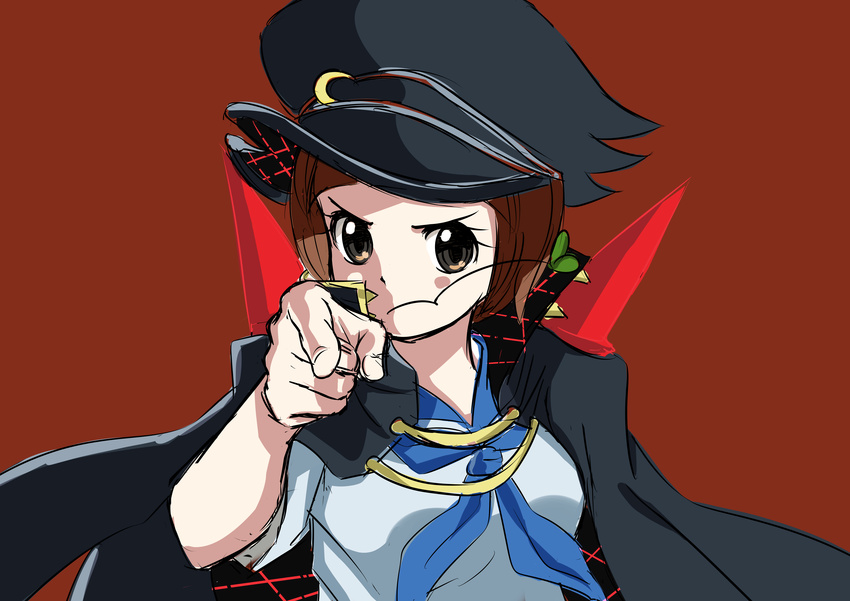 1girl absurdres banchou bob_cut brown_hair highres jojo_no_kimyou_na_bouken kill_la_kill looking_at_viewer mankanshoku_mako parody pointing red_background simple_background stardust_crusaders xiaoheledage