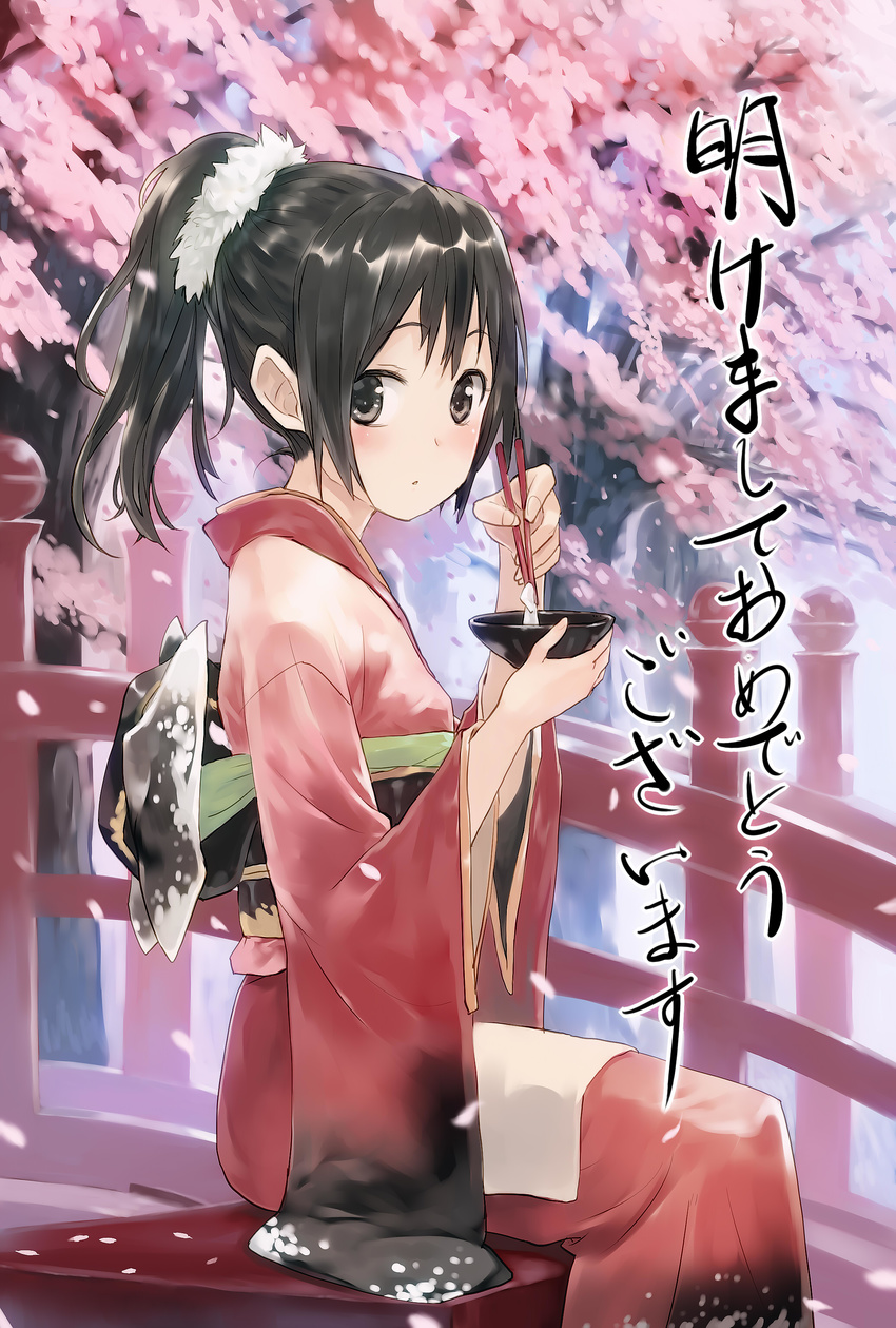 absurdres akeome bench black_eyes black_hair bob_(biyonbiyon) bowl bride cherry_blossoms chopsticks eating floral_print flower food furisode happy_new_year highres holding holding_chopsticks japanese_clothes kimono left-handed looking_at_viewer looking_to_the_side mochi new_year obi original petals ponytail railing sash shiruko_(food) sitting solo wagashi