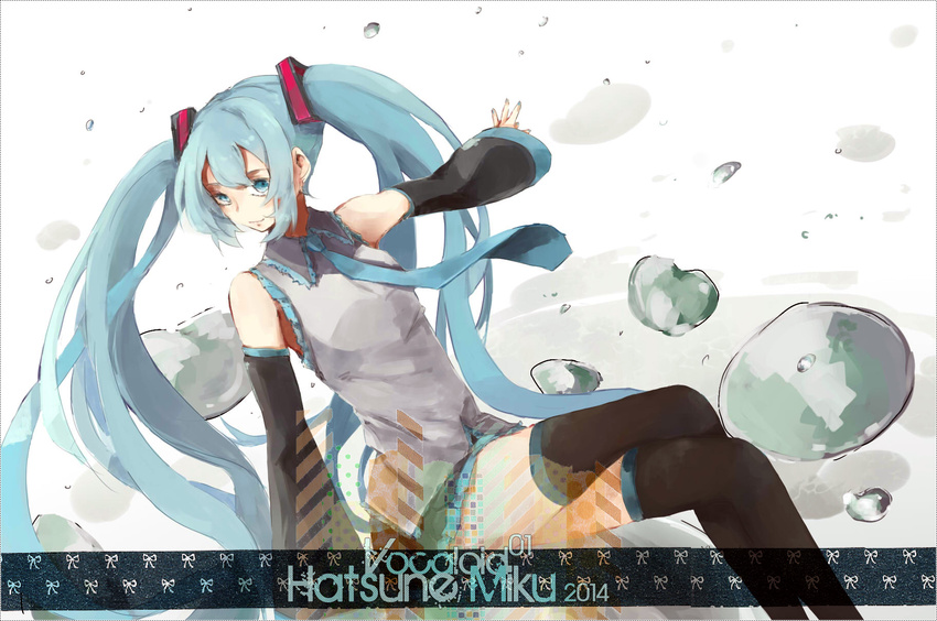 2014 aqua_eyes aqua_hair bad_id bad_pixiv_id character_name copyright_name crossed_legs detached_sleeves hatsune_miku highres kuwa_(katko) long_hair necktie outstretched_arm sitting skirt solo thighhighs twintails very_long_hair vocaloid