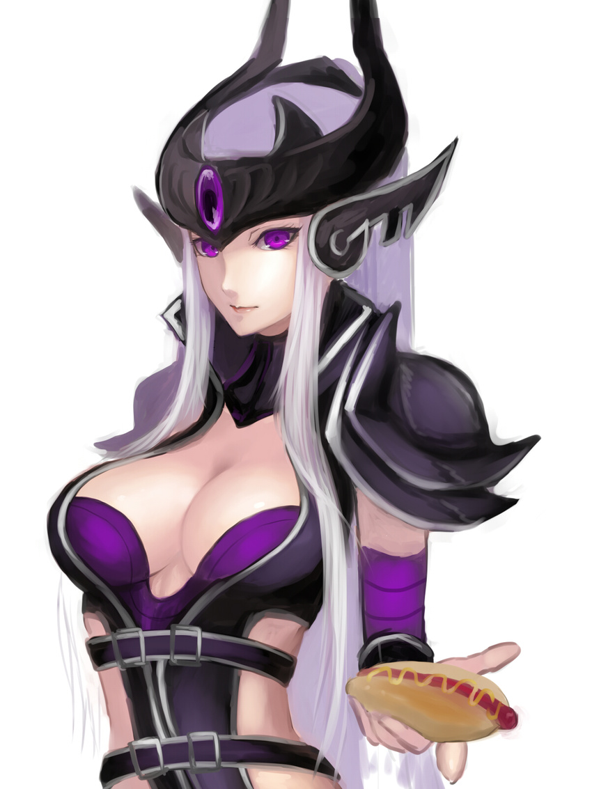 breasts cleavage ear_protection eyelashes helmet highres hot_dog kumiko_shiba large_breasts league_of_legends lips nose outstretched_hand pauldrons purple_eyes silver_hair solo syndra